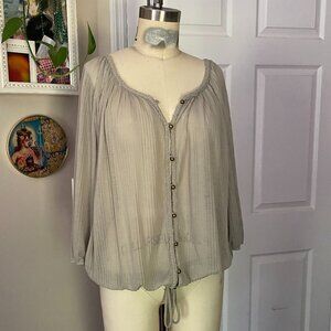 AMERICAN RAG Pale Olive Green Slouchy waist tied SMOCKED Tunic Blouse *SMALL*